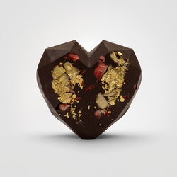 Čokoládové srdce z 52% mléčné čokolády s banánem, jahodami a zlatými lupínky