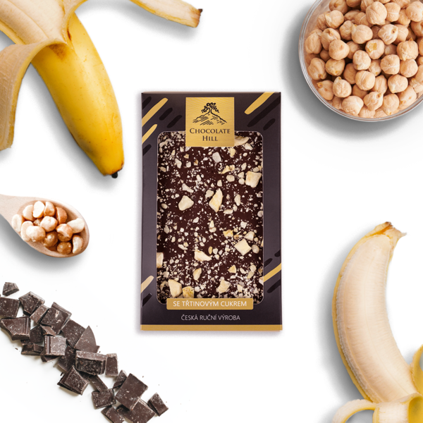 70% tmavá čokoláda s banánem a makadamovými ořechy